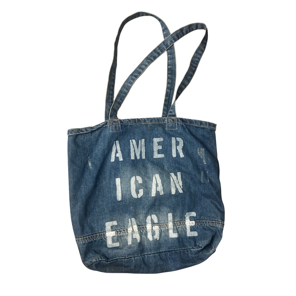 American Eagle Denim Tote Bag Distressed Blue Canvas Graphic Print Shoulder Bag‎
